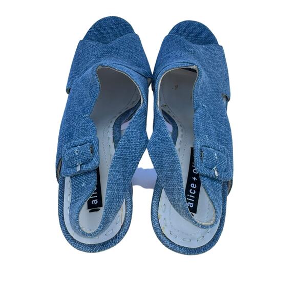Alice + Olivia Women's Blue Denim Peep Toe Block Heel Ankle Buckle Sandals 38.5 - Picture 9 of 11